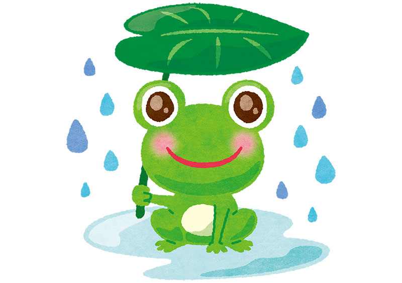 カエルが雨の日に葉っぱの傘をさして座っている無料フリーイラスト 咲くっとイラスト さくっといらすと