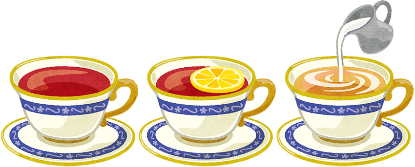 紅茶（白いカップとソーサー・レモンティーとミルクティー含む3種）の無料フリーイラスト | 咲くっとイラスト（さくっといらすと）